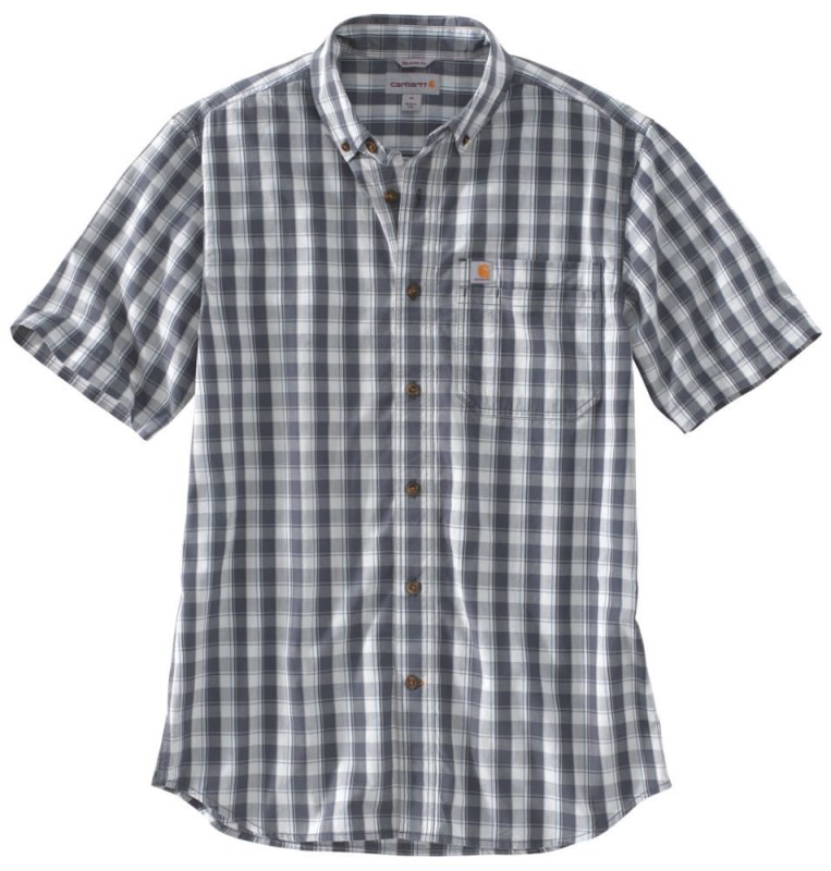 RELAXED FIT LIGHTWEIGHT SHORT-SLEEVE BUTTON-FRONT PLAID SHIRT - BLUESTONE